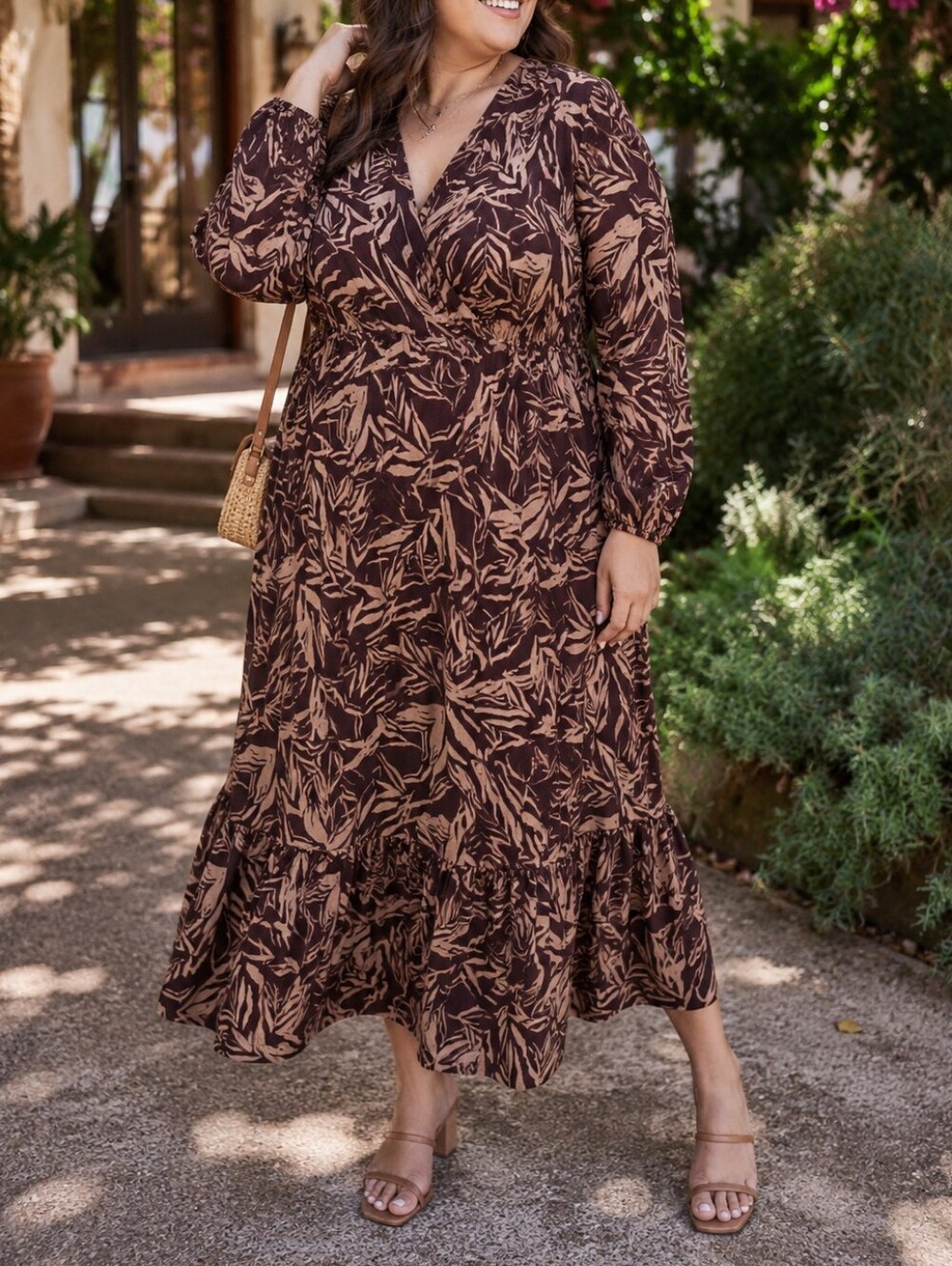 Devoted Brown Beige Abstract Print Maxi Dress | Elastic Waist Faux Wrap Boho